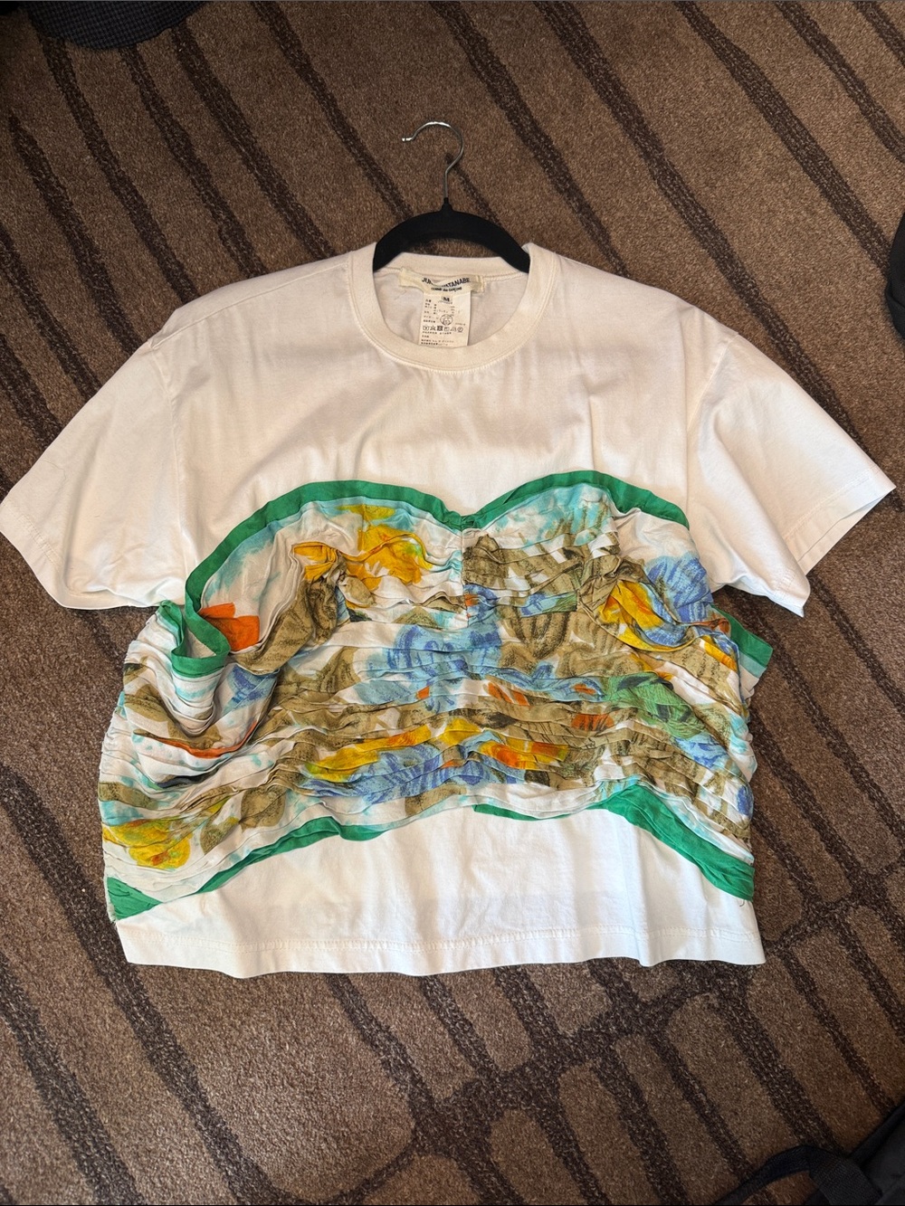 Junya Watanabe White Tee with Green, Yellow and Blue Abstract Print